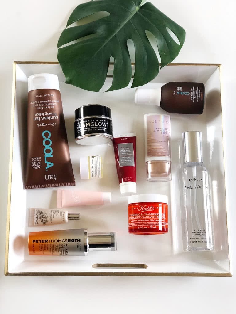 skincare products in a tray