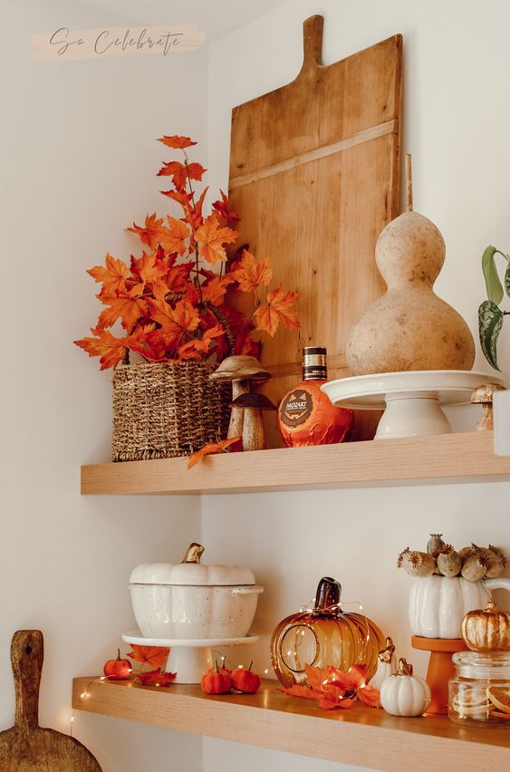 fall open shelf decor