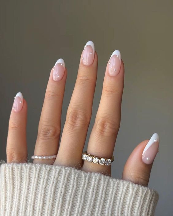 French tip with pearls Timeless Wedding Nail Ideas